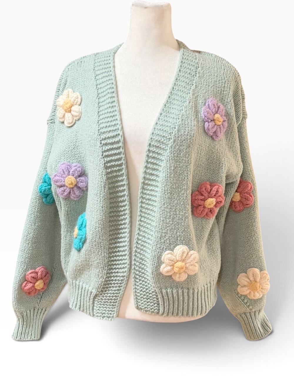 Anthropologie Luna Ivy Chunky 3D Floral Knit Cardigan Mint Sweater Open Front S